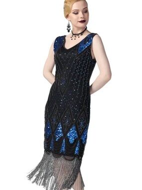 Unique Vintage Black Flapper Dress with Royal Blue Sequin Accents